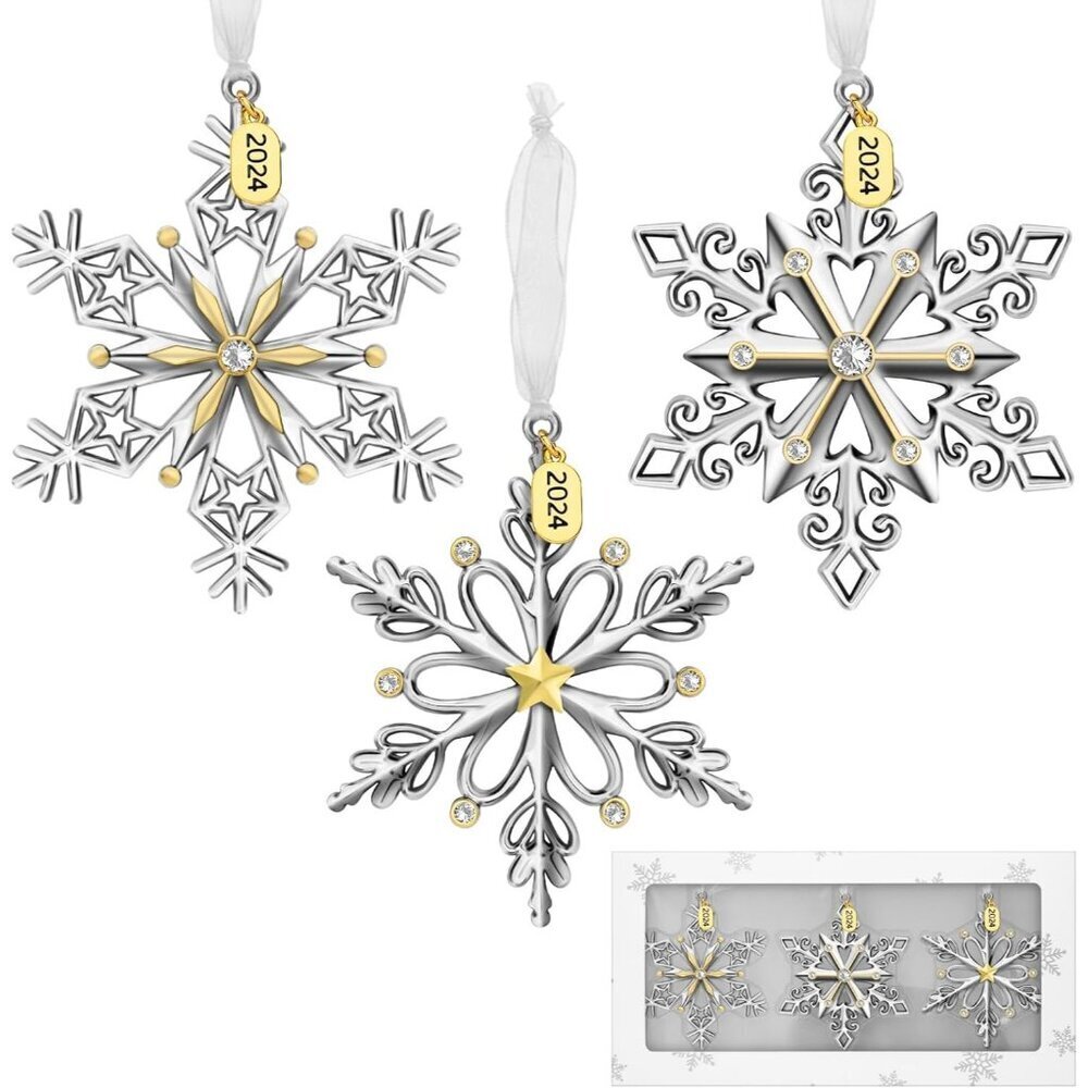 🆕 Christmas Tree Ornaments Set 3 Pieces Metallic Snowflake Hanging Home Decor